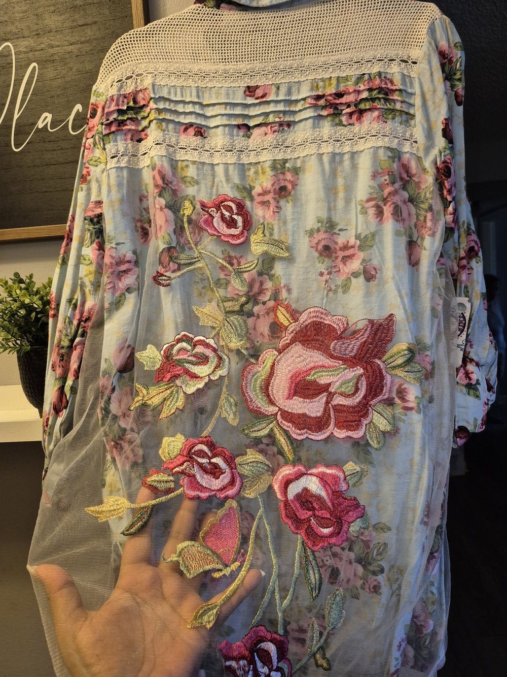John Mark Sheer Floral Embroidered Blouse in Pink and Cream